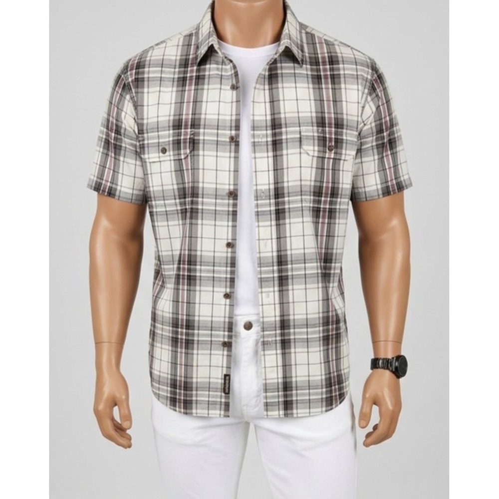 CE Schmidt Workwear Shirt Mens XL Plaid Woven Cotton Short Sleeve Loose Fit Flap